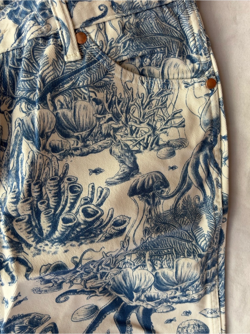 Wrangler Underwater Print Flared Bell Bottom Pants in Blue and Cream - Picture 3 of 7